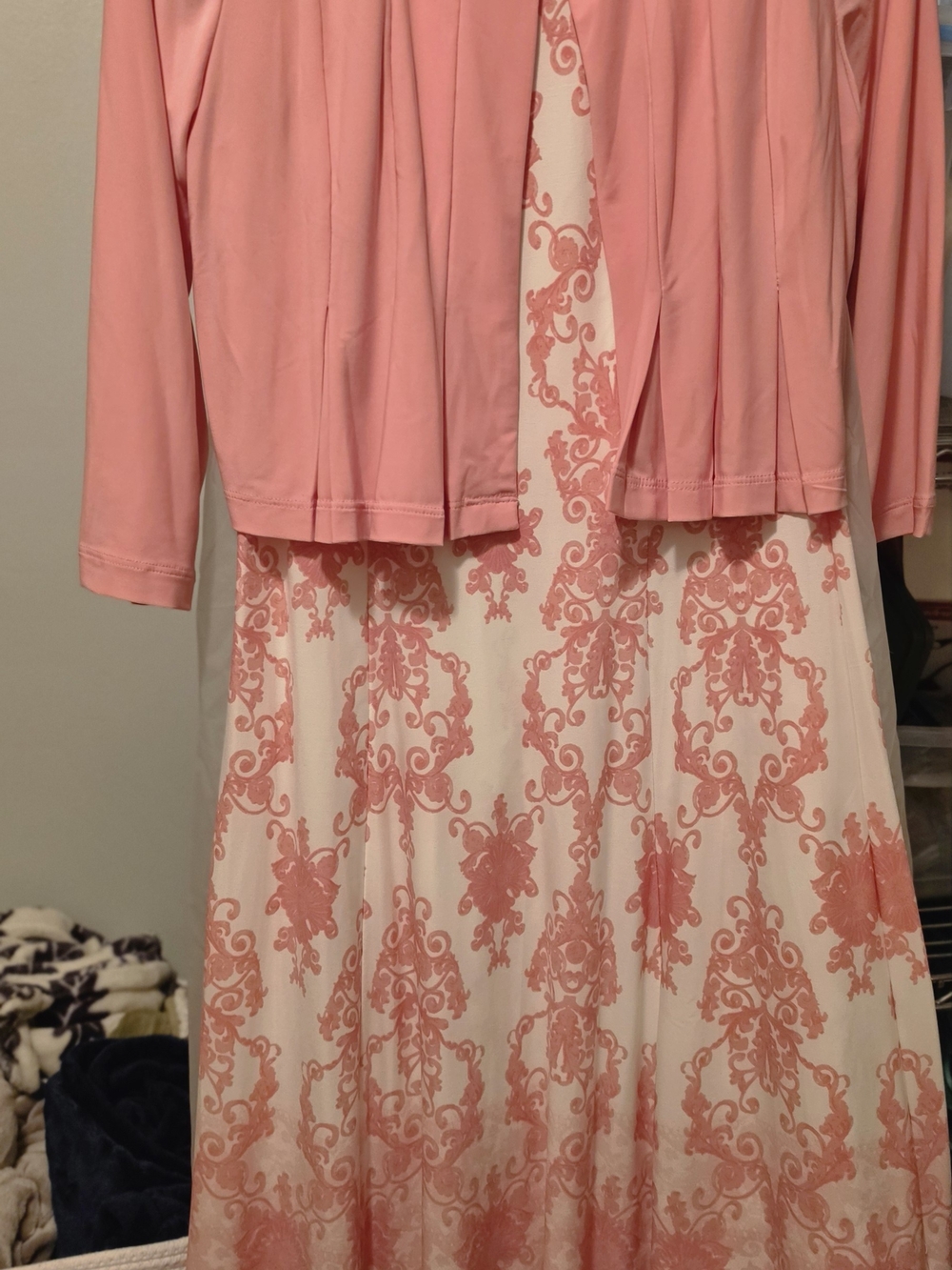Julian Taylor Coral Pink Jacket with Printed Cream & Pink Dress
